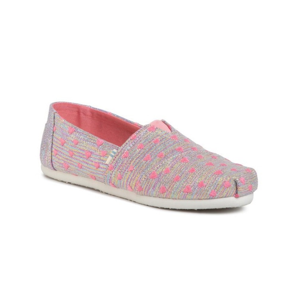 TOMS New Youth Girls 6 Gray Pink Heart Print Slip On Classic Canvas Shoes BoxJ3